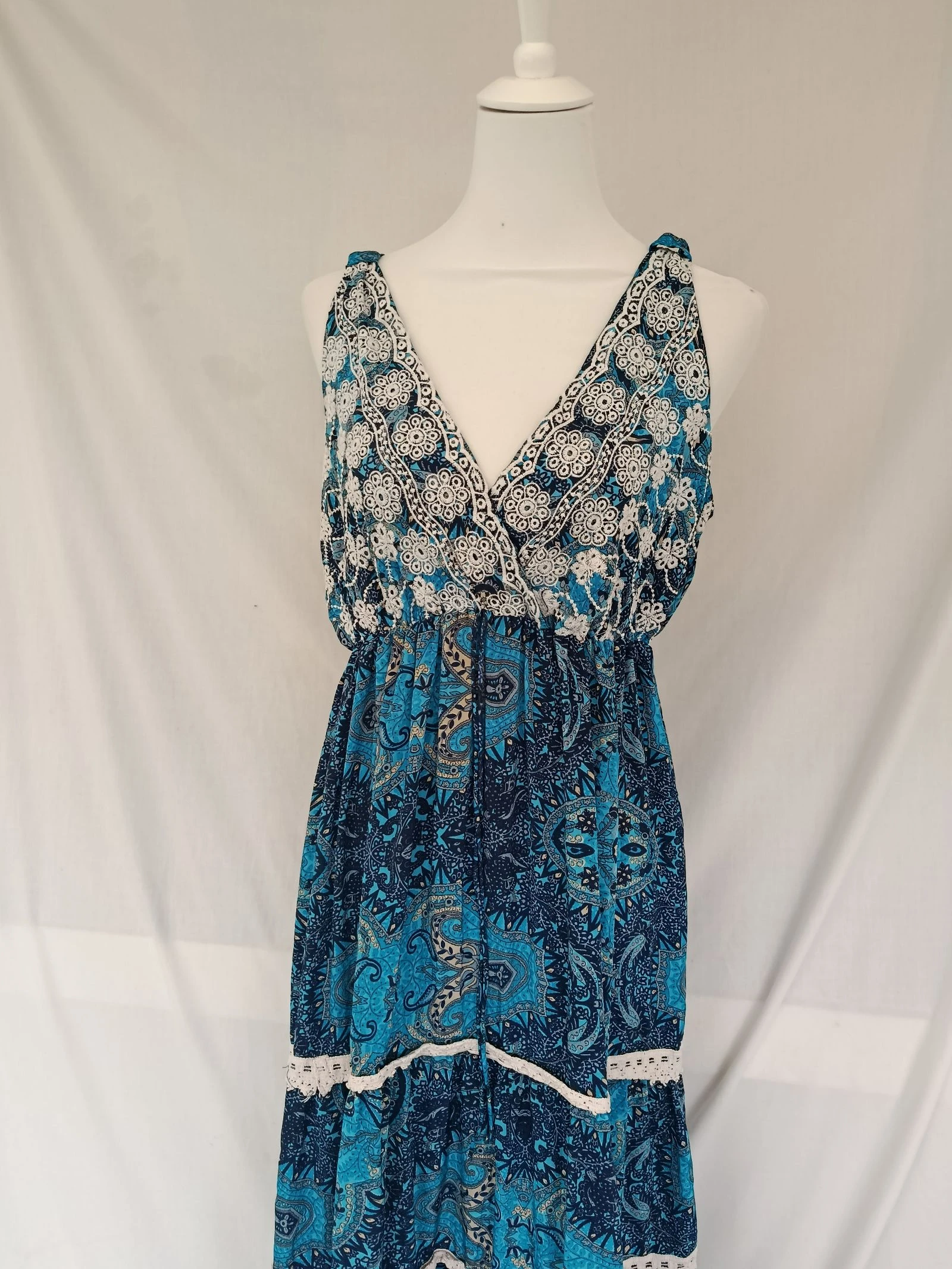 Vestido largo bohemio chic 100% seda azul con encaje Talla S/M – photo 2